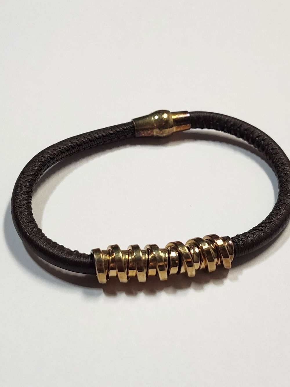 Gold Over Sterling Brown Leather Bracelet 6.5"